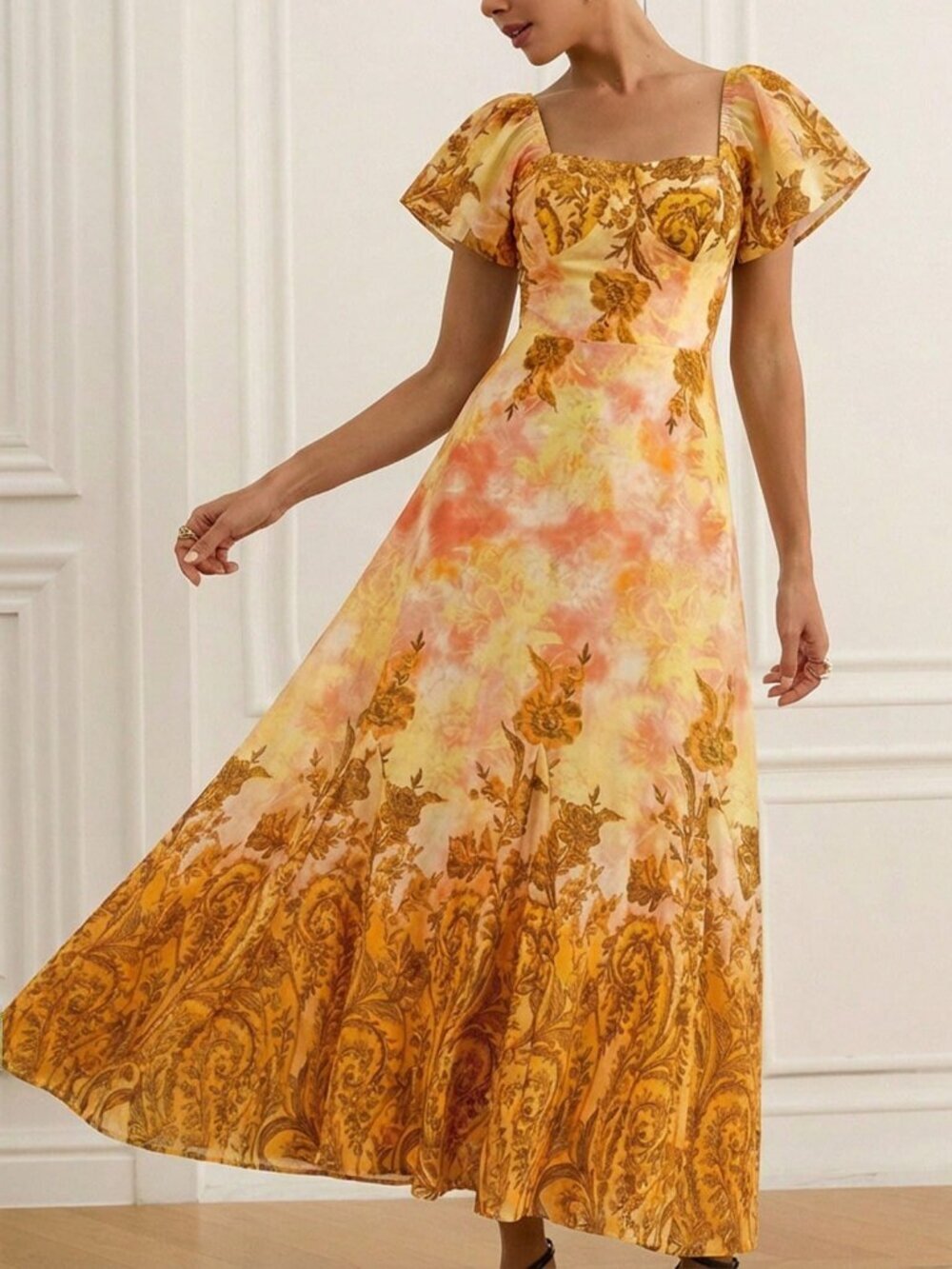 Orange Elegant Women's Floral Print Cap Sleeve Flared Hem Dress - Picture 3 of 7